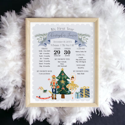 Blue Nutcracker First Year Milestone Sign instant download winter onederland gender neutral December birthday party for boy Christmas ballet