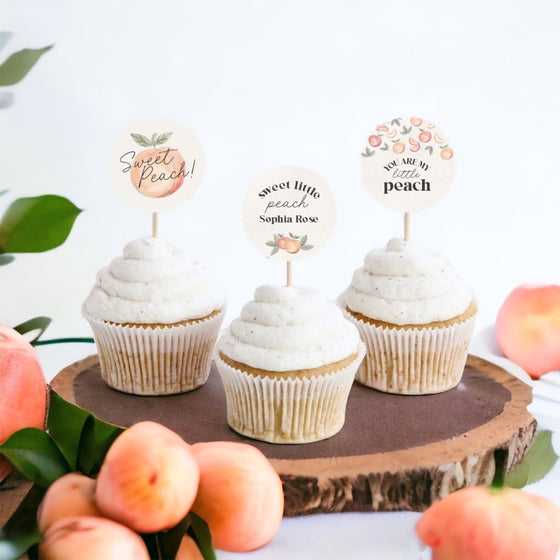 Sweet as a Peach Baby Shower or Birthday Cupcake Toppers Printable Template, spring or summer party, a little peach is on the way