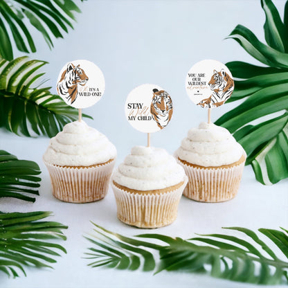 Jungle Siberian Tiger Cupcake Toppers Printable Template, little tiger safari boy birthday party, Safari birthday party, minimal birthday