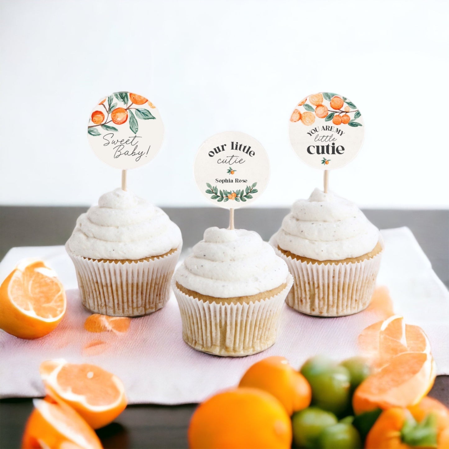 Little Cutie is on the Way Citrus Baby Shower Cupcake Toppers Printable, Clementine Orange gender neutral Baby Shower, tangerine baby shower