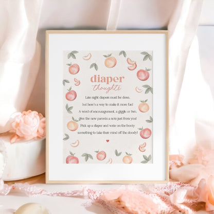 Sweet Peach is on the way diaper thoughts for baby, peach baby shower for girl, late night diapers notes advice for parents to be, summer