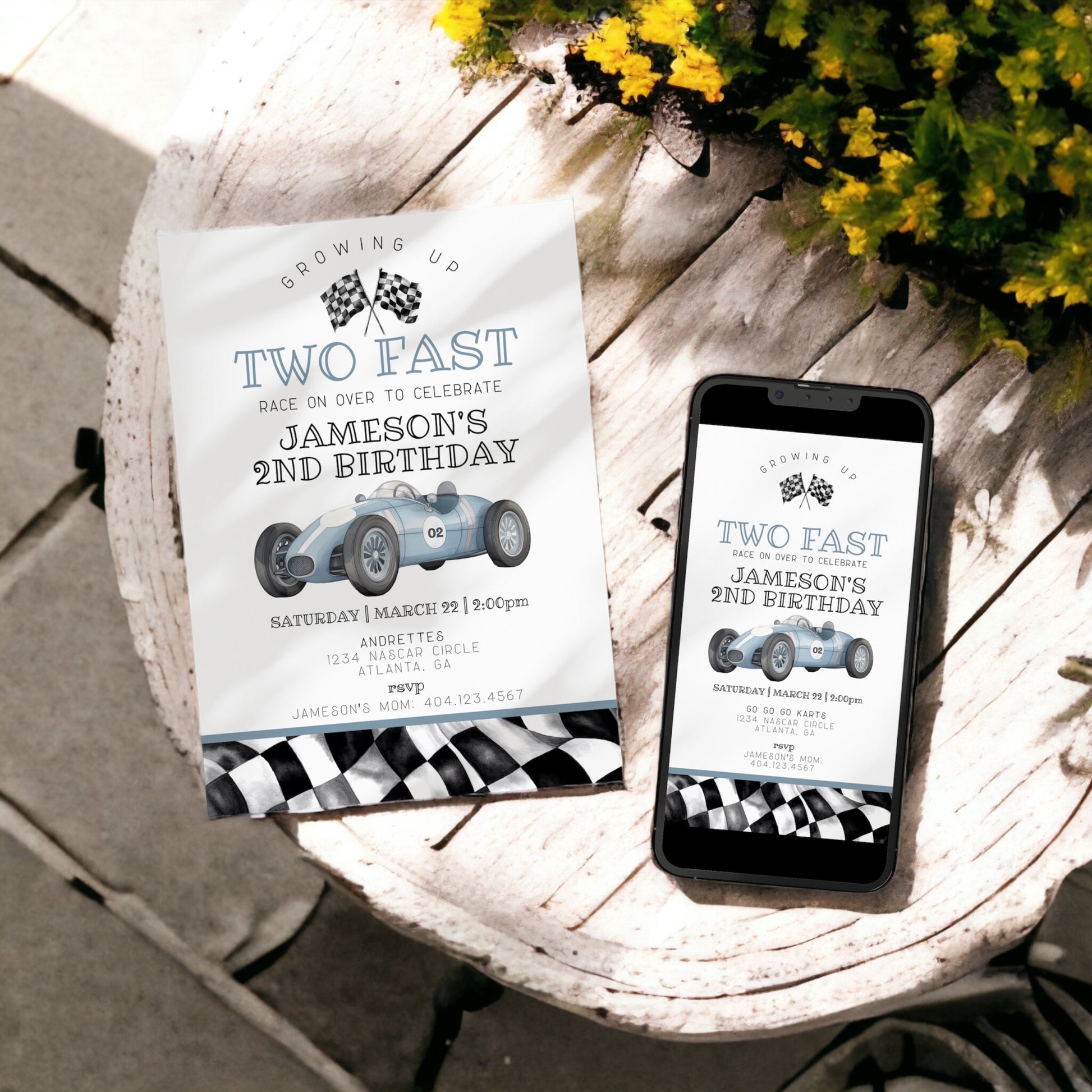 Blue Race Car Second Birthday TWO Fast Invitation Template, instant download race on over birthday for boy our little racer is a two fast