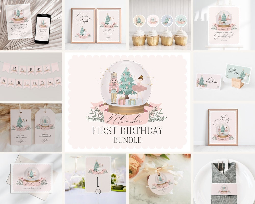 Pastel Pink Nutcracker Winter Onederland First Birthday Bundle Printable, download christmas birthday party for girl sugar plum holiday