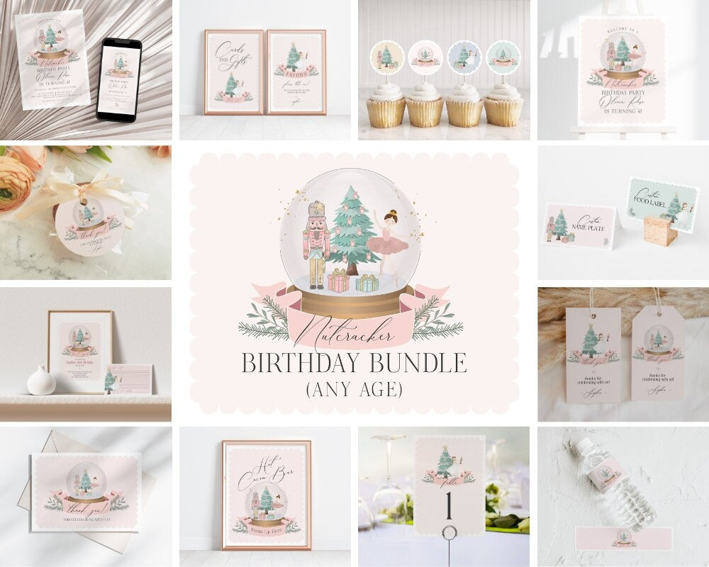 Pastel Pink Nutcracker Birthday Bundle Printable Template, christmas winter wonderland birthday party for girl sugar plum holiday party