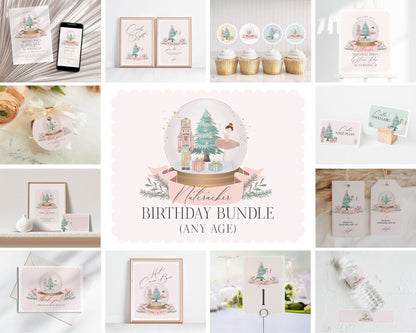 Pastel Pink Nutcracker Birthday Bundle Printable Template, christmas winter wonderland birthday party for girl sugar plum holiday party