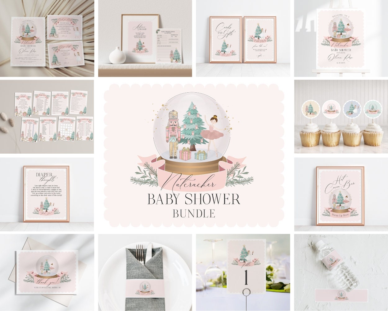 Pastel Pink Nutcracker Baby Shower Bundle Printable, instant download christmas winter wonderland girl baby shower sugar plum holiday shower