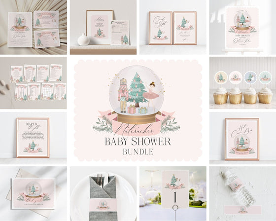 Pastel Pink Nutcracker Baby Shower Bundle Printable, instant download christmas winter wonderland girl baby shower sugar plum holiday shower