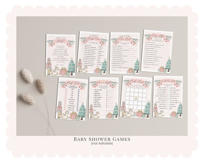 Pastel Pink Nutcracker Baby Shower Bundle Printable, instant download christmas winter wonderland girl baby shower sugar plum holiday shower