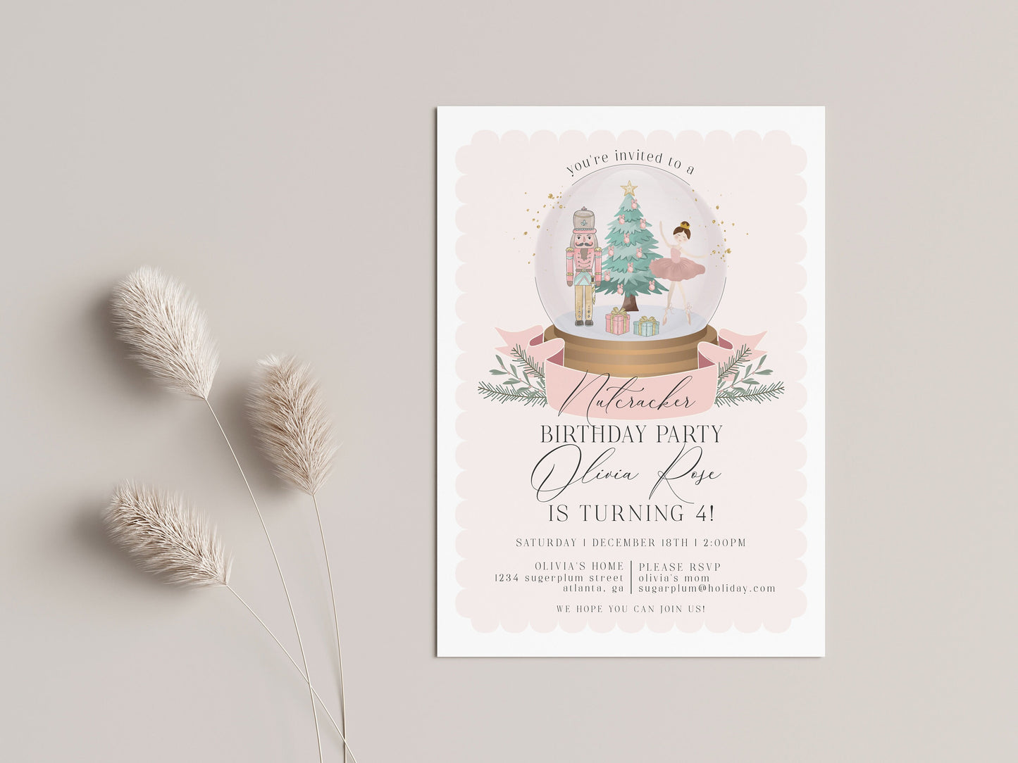 Pastel Pink Nutcracker Invitation and Evite Instant Download, christmas winter wonderland birthday party for girl sugar plum holiday ballet