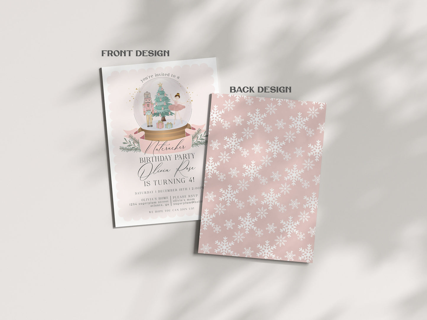 Pastel Pink Nutcracker Invitation and Evite Instant Download, christmas winter wonderland birthday party for girl sugar plum holiday ballet