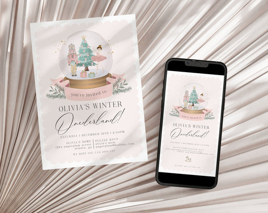 Pastel Pink Nutcracker First Birthday Invitation Template, instant download christmas winter onederland birthday party for girl sugar plum