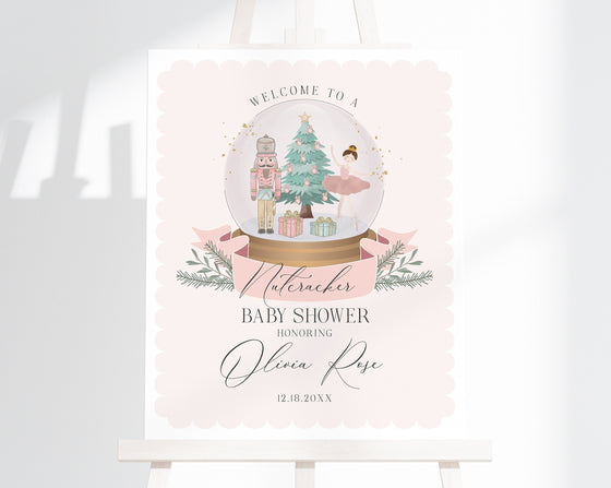 Pastel Pink Nutcracker Baby Shower Welcome Sign Template, instant download christmas winter wonderland baby shower for girl sugar plum fairy