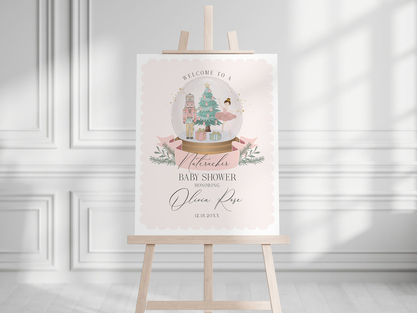 Pastel Pink Nutcracker Baby Shower Welcome Sign Template, instant download christmas winter wonderland baby shower for girl sugar plum fairy