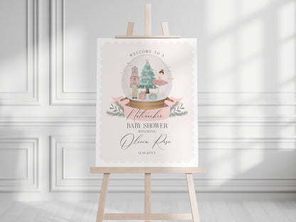 Pastel Pink Nutcracker Baby Shower Welcome Sign Template, instant download christmas winter wonderland baby shower for girl sugar plum fairy