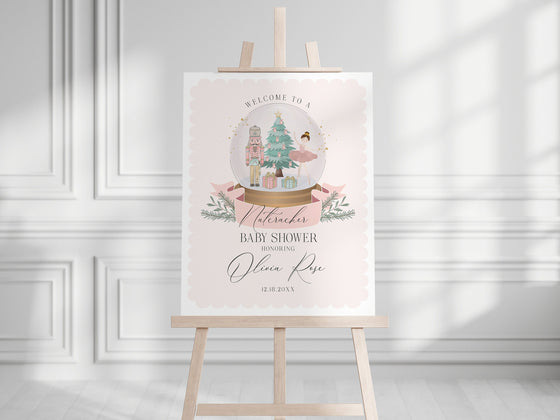 Pastel Pink Nutcracker Baby Shower Welcome Sign Template, instant download christmas winter wonderland baby shower for girl sugar plum fairy