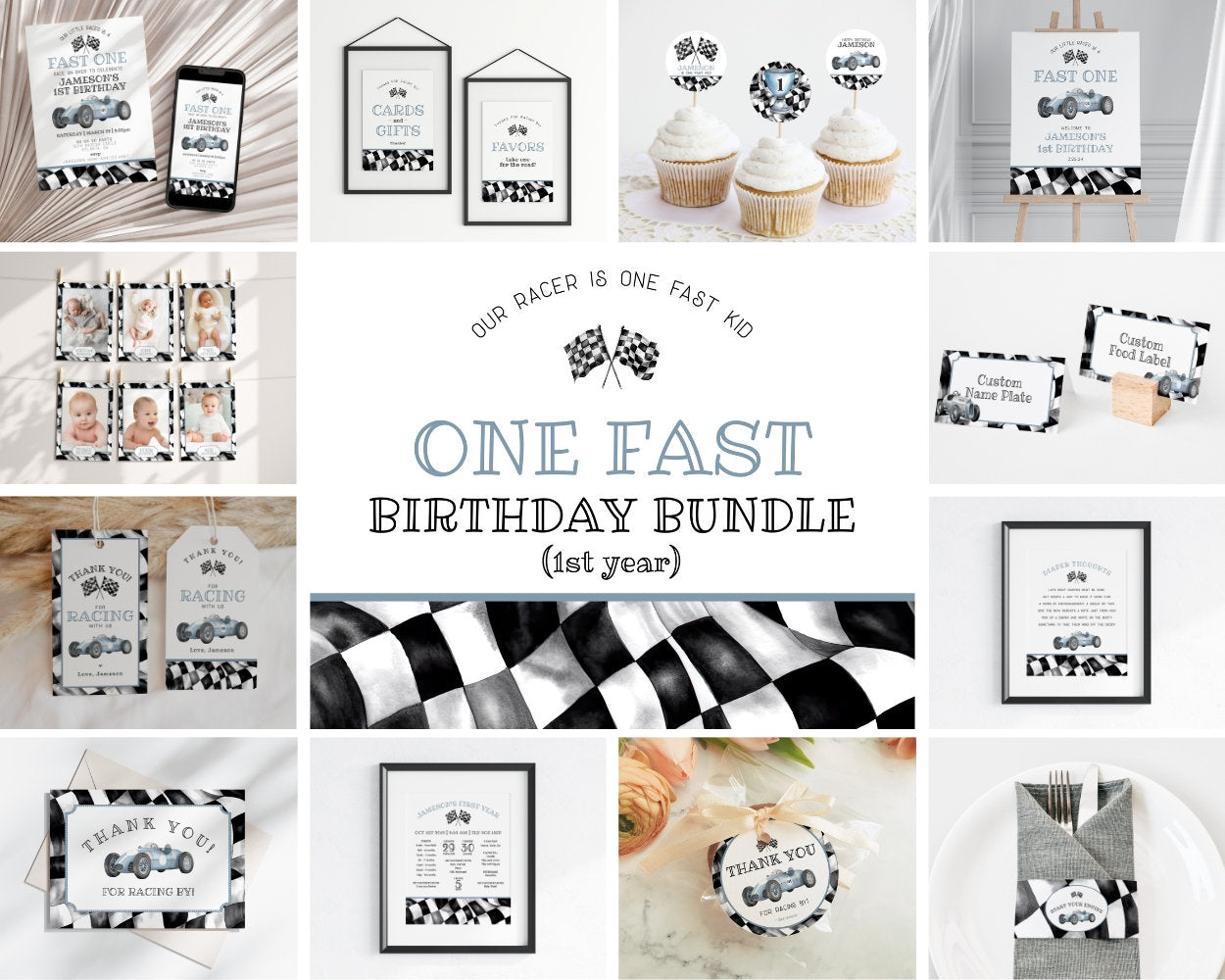 Blue Race Car First Birthday Bundle Template, instant download fast one 1st birthday bundle for boy, Racing Retro Vintage Car Birthday