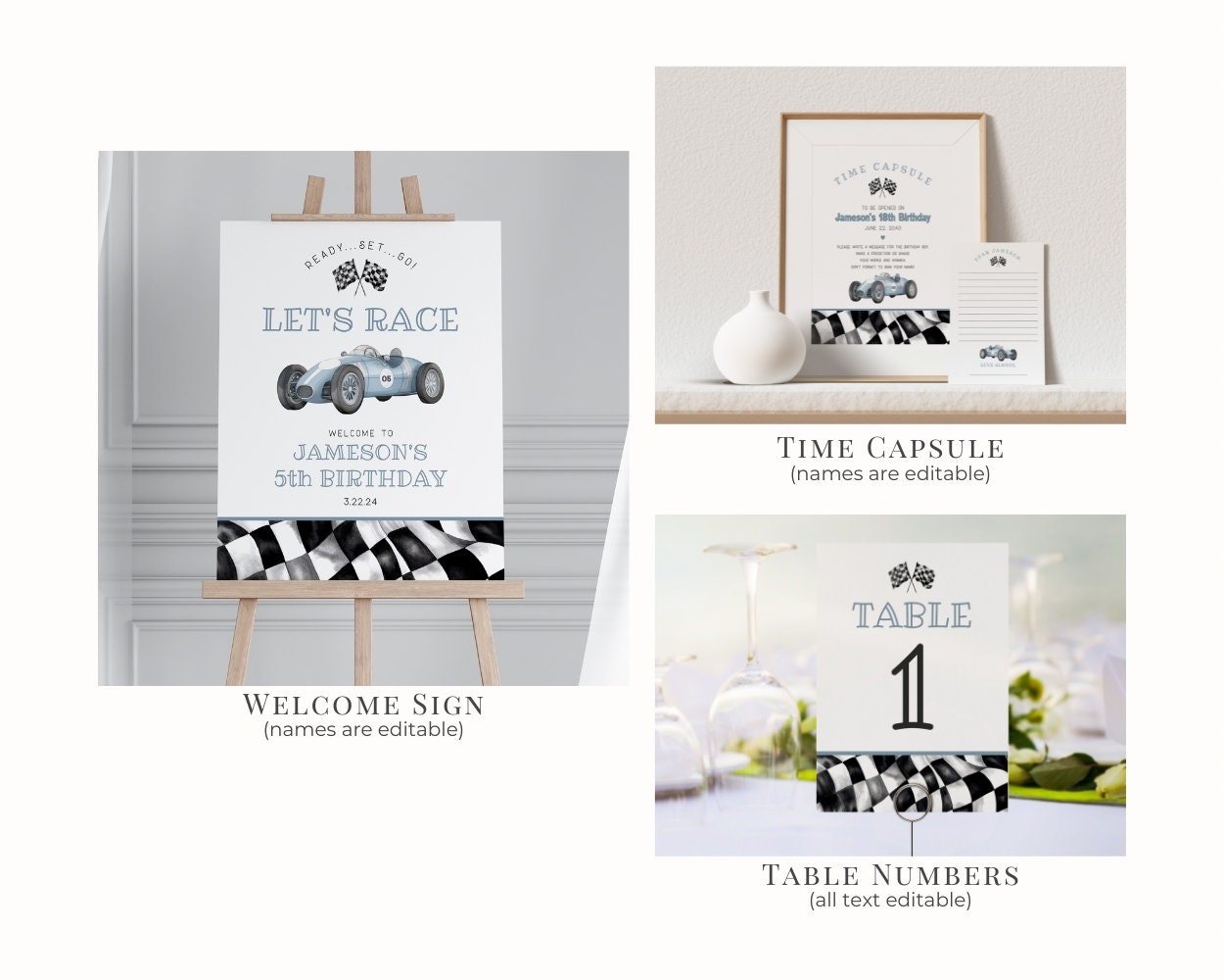 Blue Race Car Birthday Bundle Template, instant download Race on over birthday bundle for boy, Editable Racing Retro Vintage Car Birthday