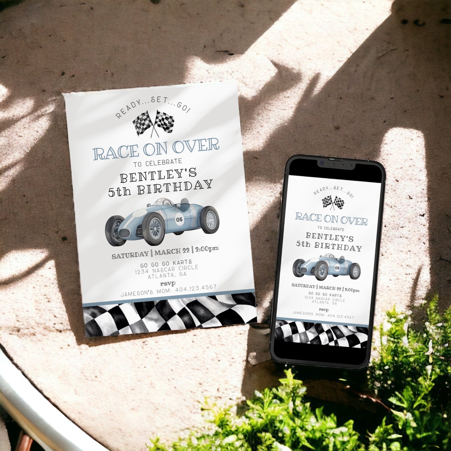 Blue Race Car Birthday Bundle Template, instant download Race on over birthday bundle for boy, Editable Racing Retro Vintage Car Birthday