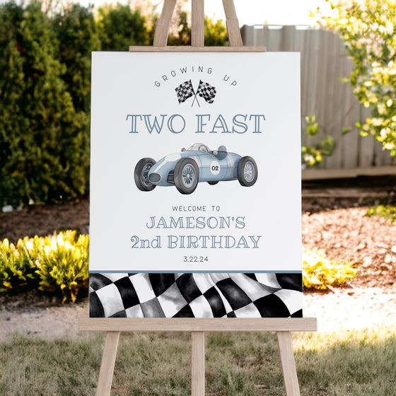 Blue Race Car Second Birthday TWO Fast Welcome Sign template, instant download race on over birthday party template for boy, vintage racecar