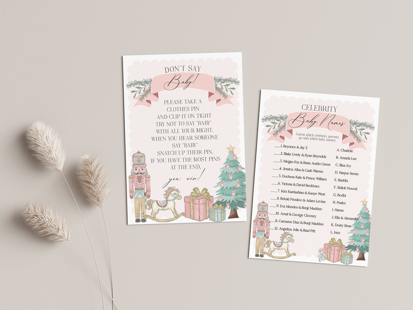 Pastel Pink Nutcracker Baby Shower Games Bundle, instant download Christmas winter wonderland baby shower for girl sugar plum ballet