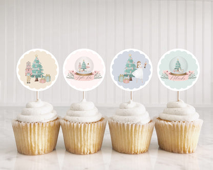 Pastel Pink Nutcracker Cupcake Toppers Printable, Christmas winter wonderland birthday party for girl, ballet cupcake toppers sugar plum