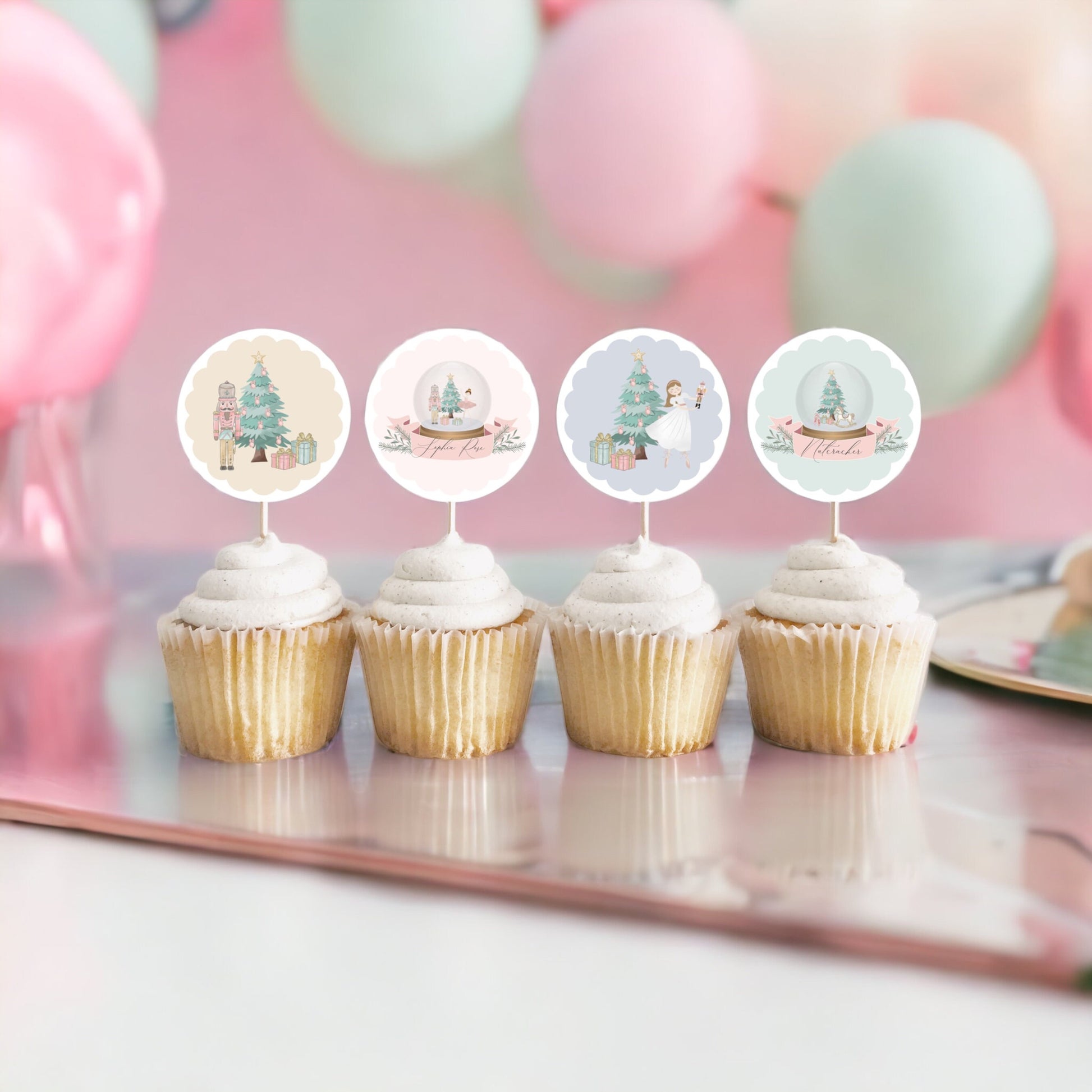 Pastel Pink Nutcracker Cupcake Toppers Printable, Christmas winter wonderland birthday party for girl, ballet cupcake toppers sugar plum