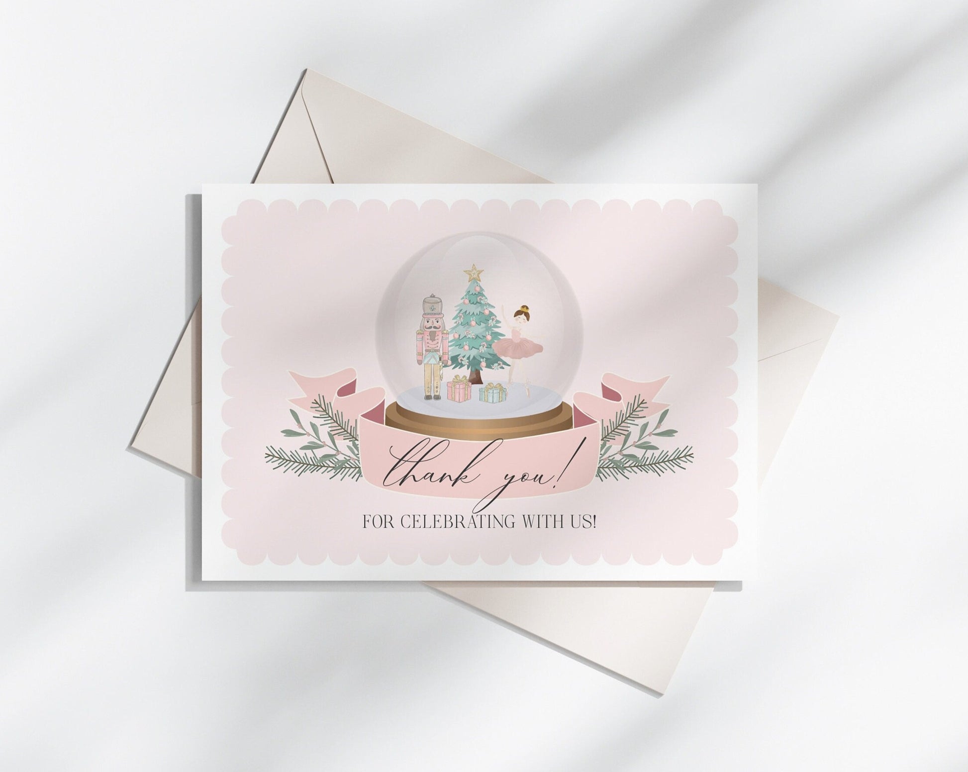 Pastel Pink Nutcracker Thank You Card Printable, instant download Christmas ballet winter wonderland girl birthday or baby shower sugar plum