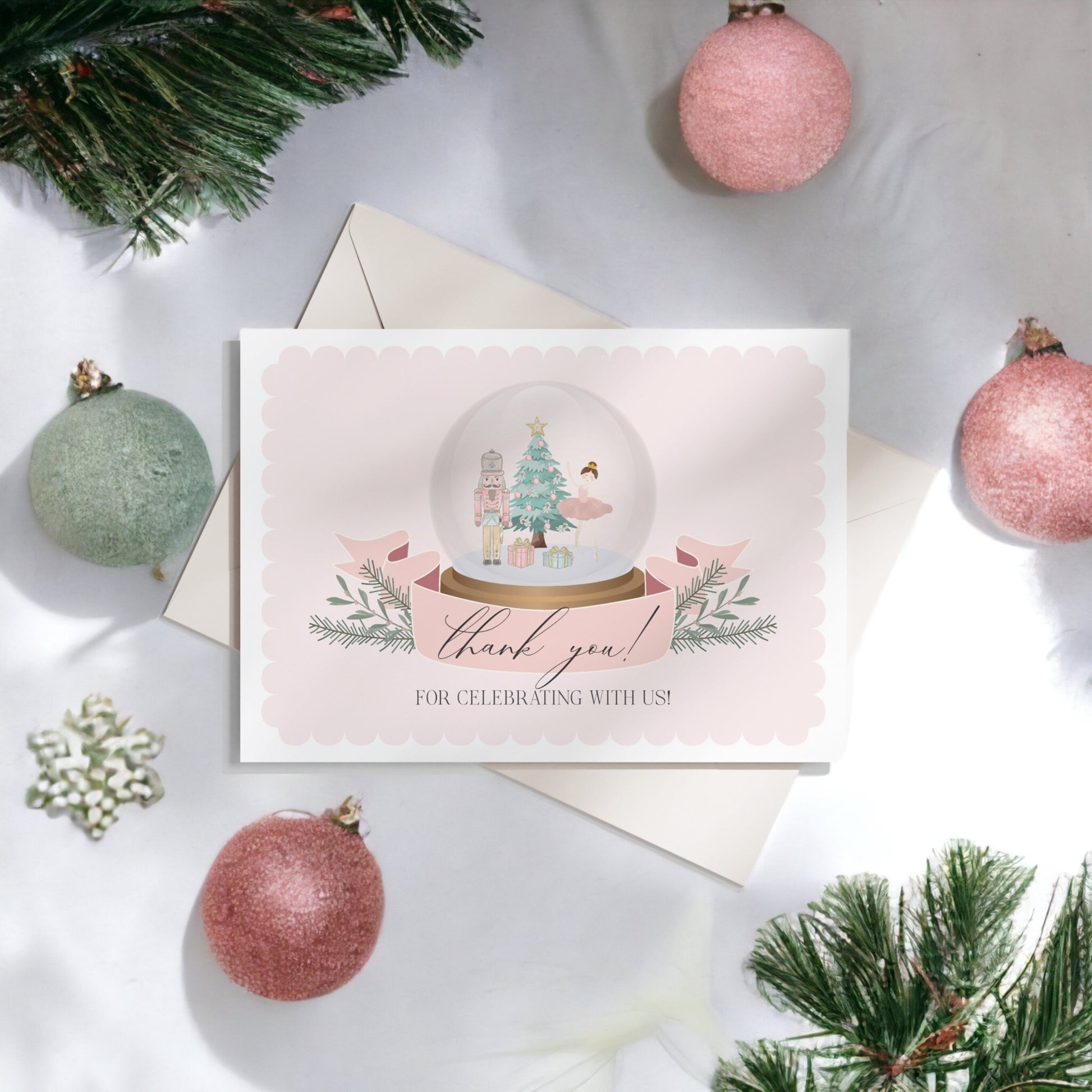 Pastel Pink Nutcracker Thank You Card Printable, instant download Christmas ballet winter wonderland girl birthday or baby shower sugar plum