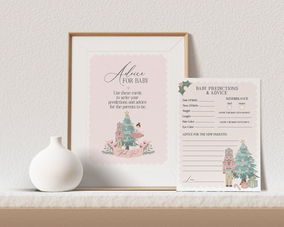 Pastel Pink Nutcracker Advice for Baby Cards December baby shower for girl instant download Christmas baby prediction card winter wonderland