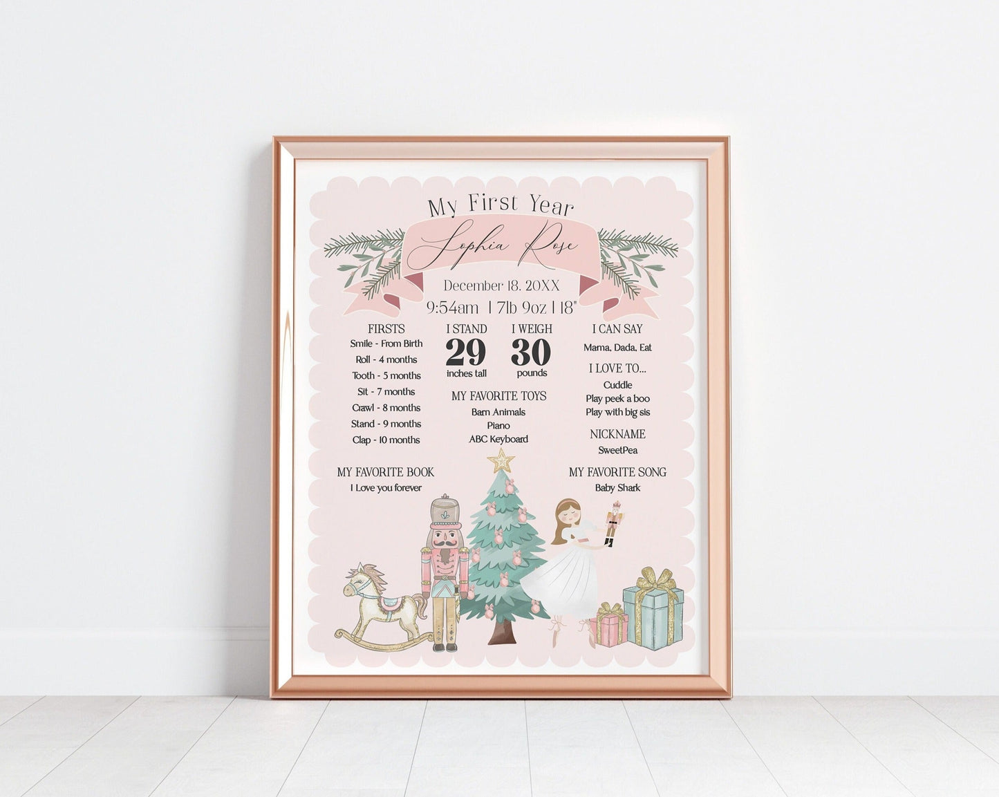 Pastel Pink Nutcracker First Year Milestone Sign instant download winter onederland December girl birthday party, Christmas ballet birthday