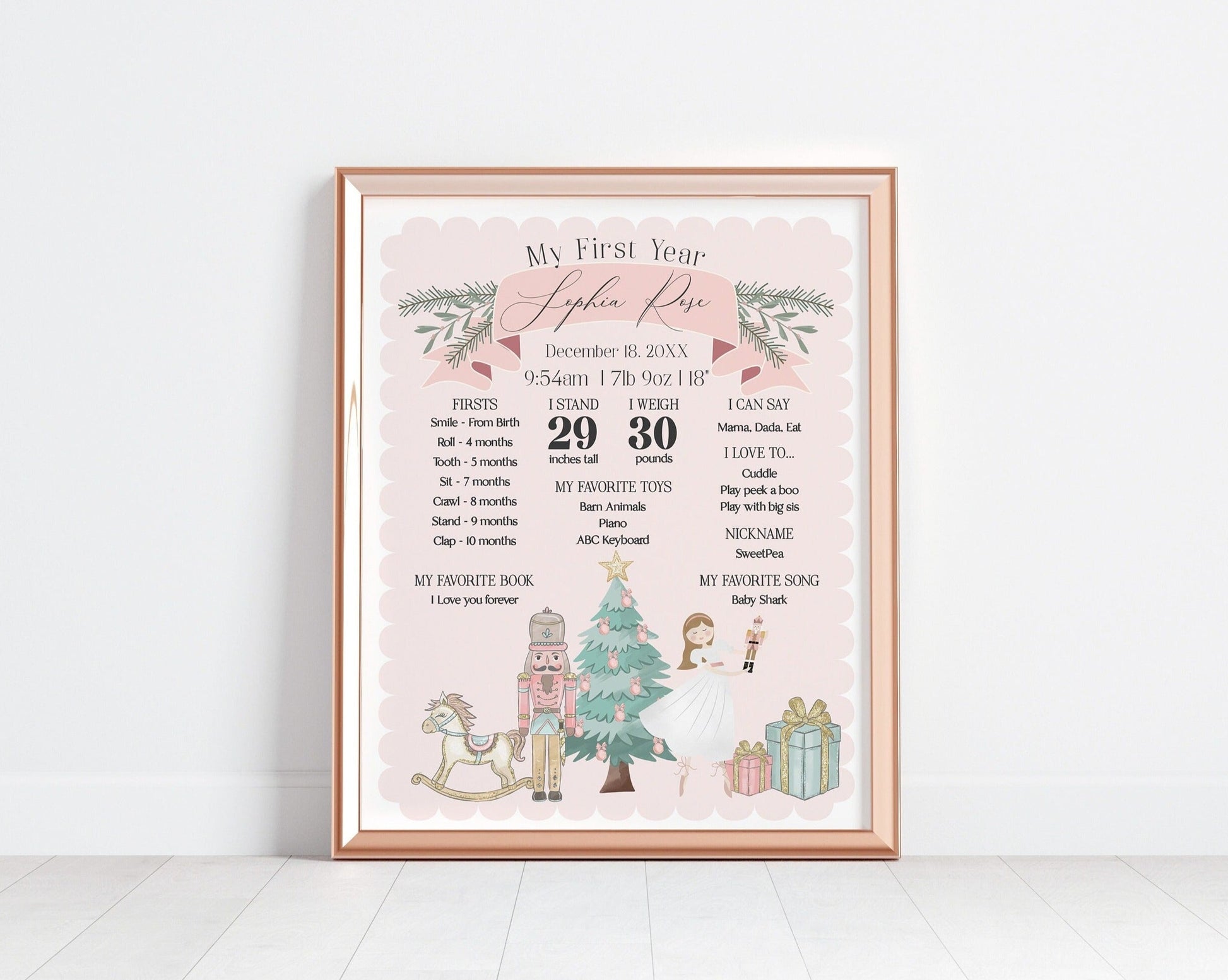 Pastel Pink Nutcracker First Year Milestone Sign instant download winter onederland December girl birthday party, Christmas ballet birthday