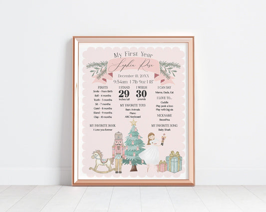 Pastel Pink Nutcracker First Year Milestone Sign instant download winter onederland December girl birthday party, Christmas ballet birthday