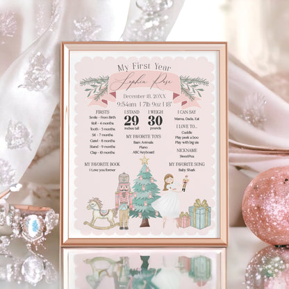 Pastel Pink Nutcracker First Year Milestone Sign instant download winter onederland December girl birthday party, Christmas ballet birthday