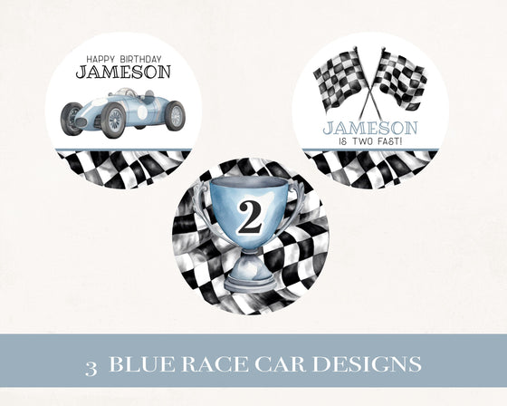 Blue Race Car TWO Fast 2nd Birthday Cupcake Toppers Printable Template, race on over birthday party for boy instant download little racer