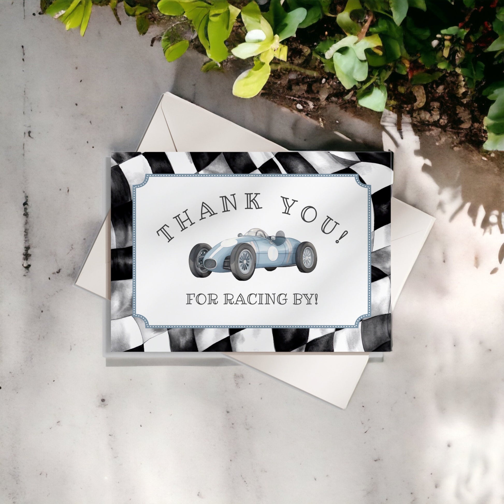 Blue Race Car Thank You Card Printable, instant download birthday or baby shower for boy our little racer is a fast one, growing up two fast