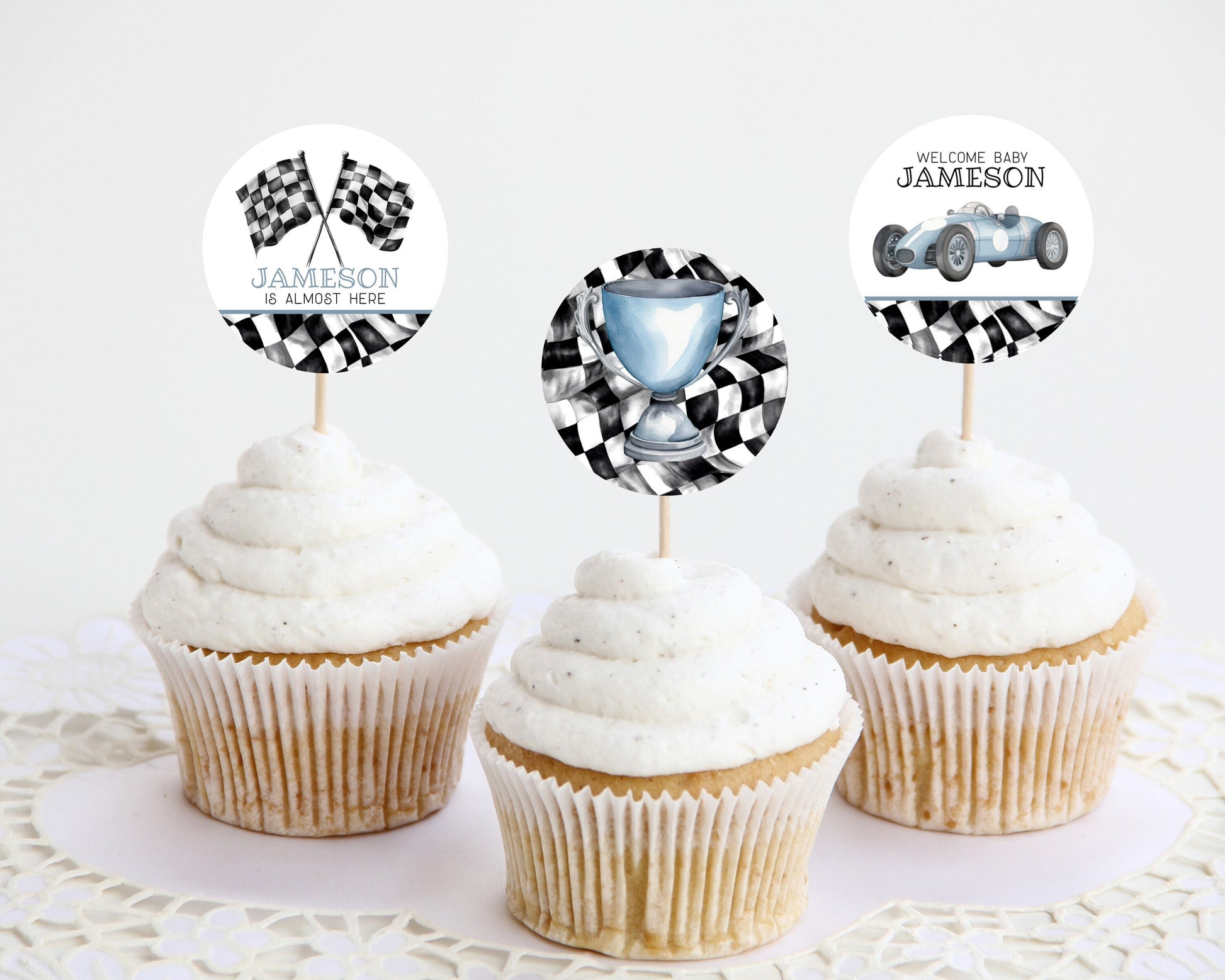 Blue Race Car Our Little Racer is a Fast ONE 1st Birthday Cupcake Toppers Printable Template, race on over boy birthday instant download