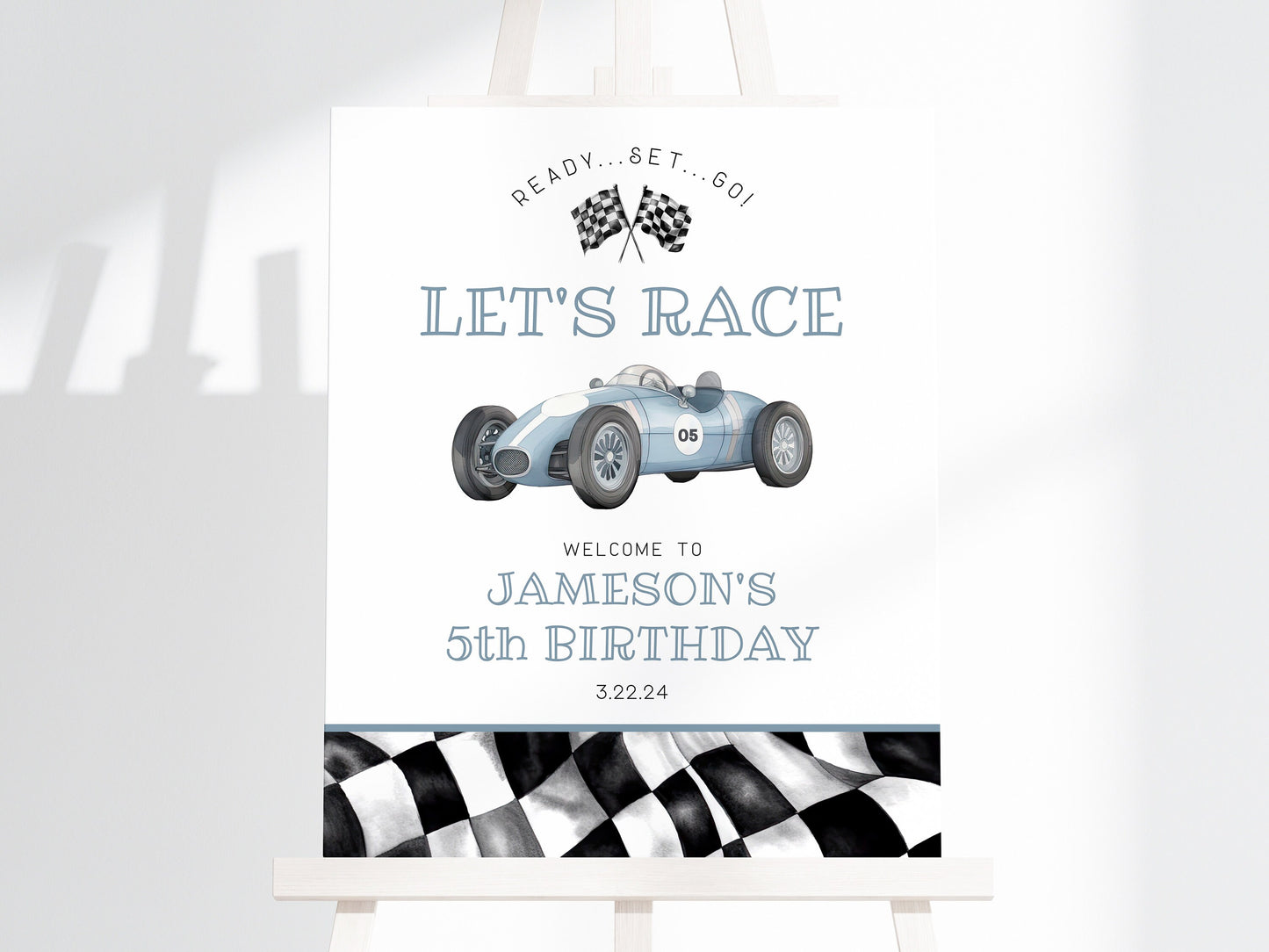 Blue Race Car Birthday Welcome Sign Printable Template, instant download race on over birthday party template for boy, let's race