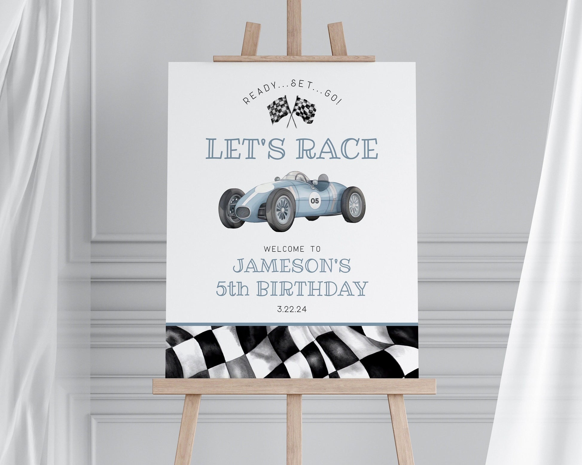 Blue Race Car Birthday Welcome Sign Printable Template, instant download race on over birthday party template for boy, let's race