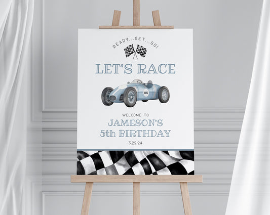 Blue Race Car Birthday Welcome Sign Printable Template, instant download race on over birthday party template for boy, let's race