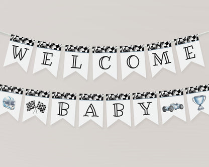 Blue Race Car Baby Shower Banner Printable Template, Race on Over Birthday for Boy, Our Little Racer is on the Way, Boy Baby Shower