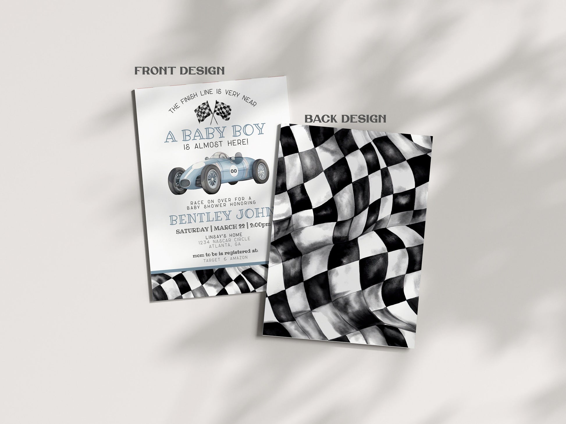 Blue Race Car Baby Shower Invitation Template, instant download vintage race on over baby shower for boy,