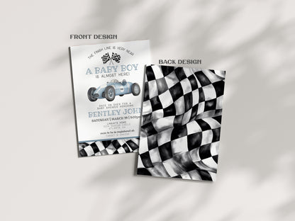 Blue Race Car Baby Shower Invitation Template, instant download vintage race on over baby shower for boy,