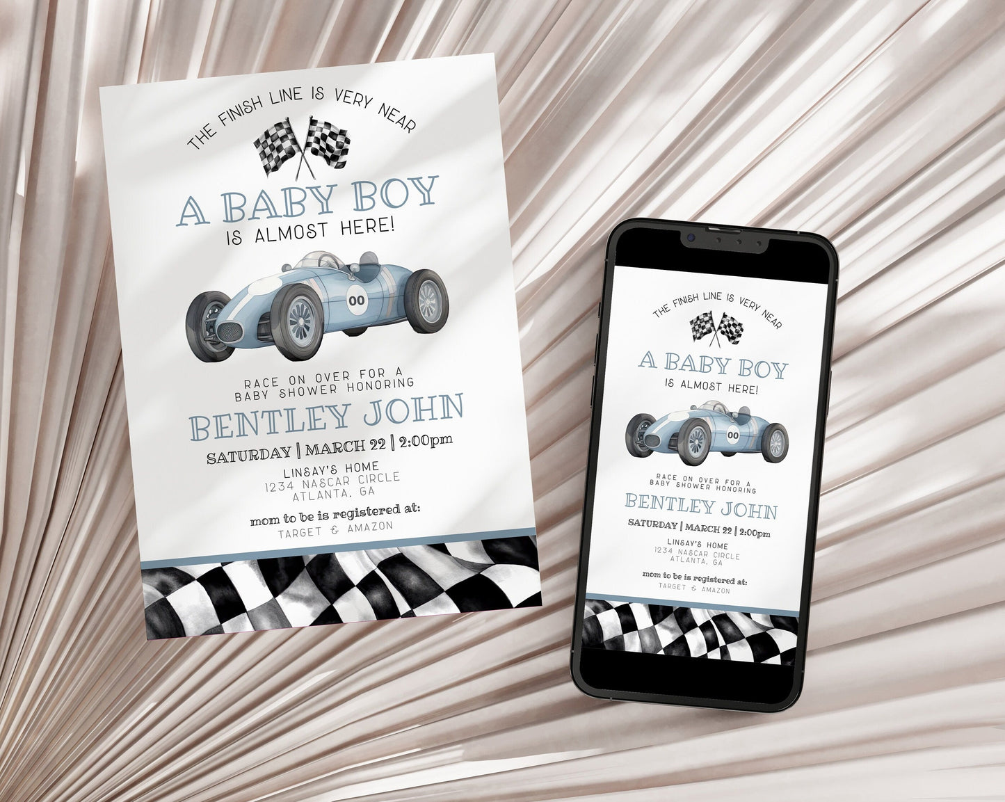 Blue Race Car Baby Shower Invitation Template, instant download vintage race on over baby shower for boy,