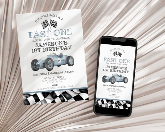 Blue Race Car First Birthday Fast One Invitation Template, instant download race on over birthday for boy our little racer is a fast one