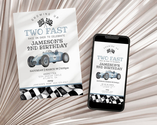 Blue Race Car Second Birthday TWO Fast Invitation Template, instant download race on over birthday for boy our little racer is a two fast