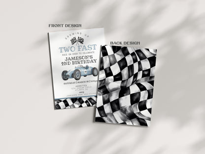 Blue Race Car Second Birthday TWO Fast Invitation Template, instant download race on over birthday for boy our little racer is a two fast