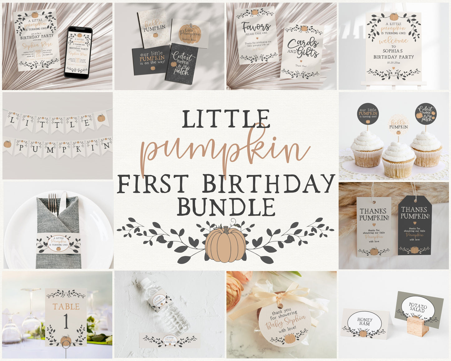 Little Pumpkin First Birthday Party Bundle Printable, fall autumn birthday Invite, gender neutral october birthday party, third birthday