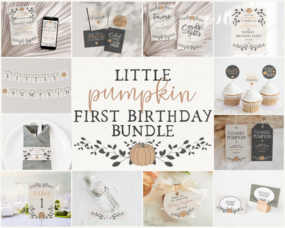 Little Pumpkin First Birthday Party Bundle Printable, fall autumn birthday Invite, gender neutral october birthday party, third birthday