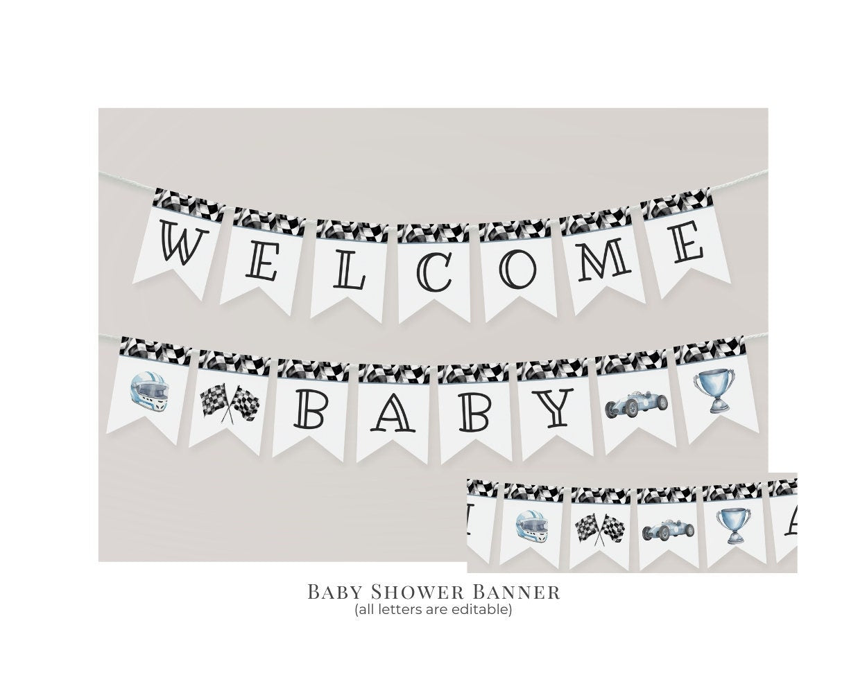 Blue Race Car Baby Shower Bundle Template, digital files for baby shower for boy, printable retro vintage race car party decor, race on over