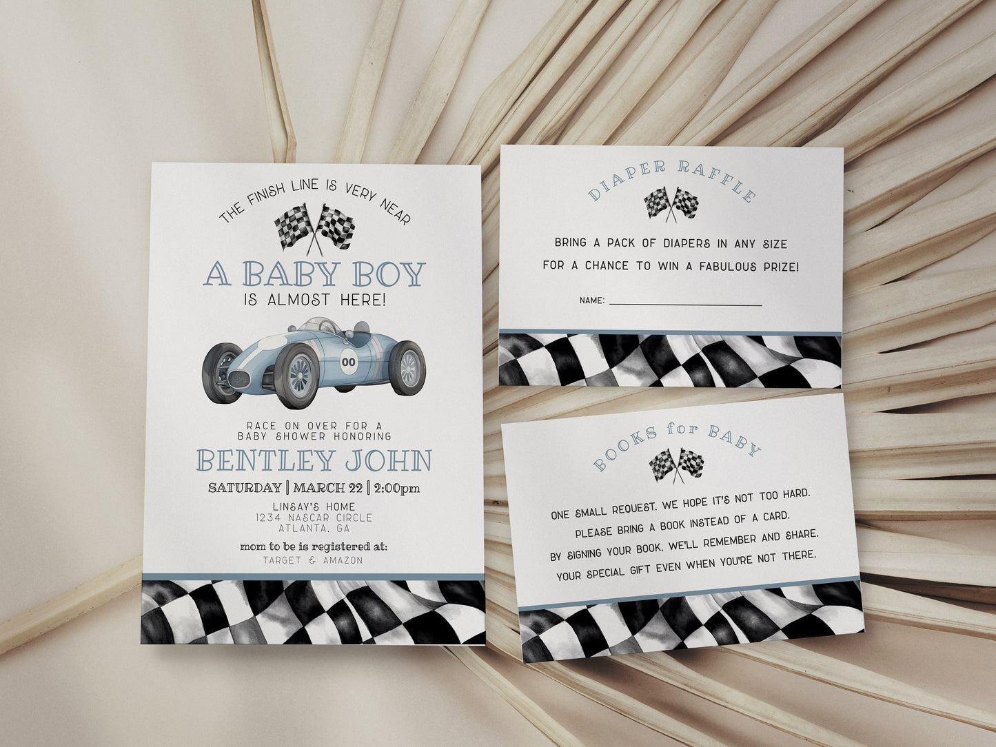 Blue Race Car Baby Shower Bundle Template, digital files for baby shower for boy, printable retro vintage race car party decor, race on over